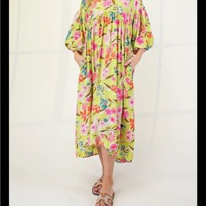 Easel Floral Puff-Sleeve Midi Dress in Lime Green